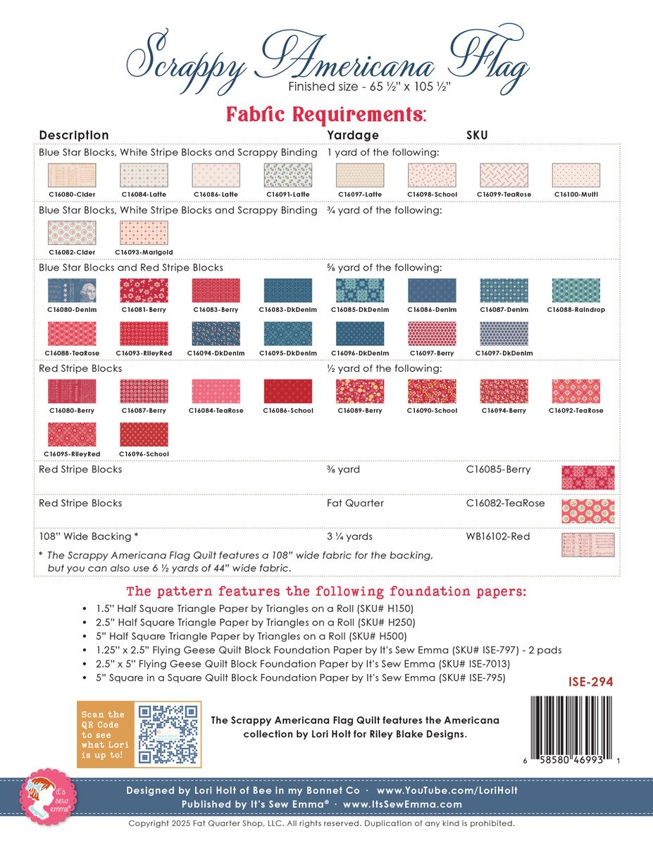 Scrappy Americana Flag Quilt Pattern ISE-294 Finished size: 65.5" x 105.5"