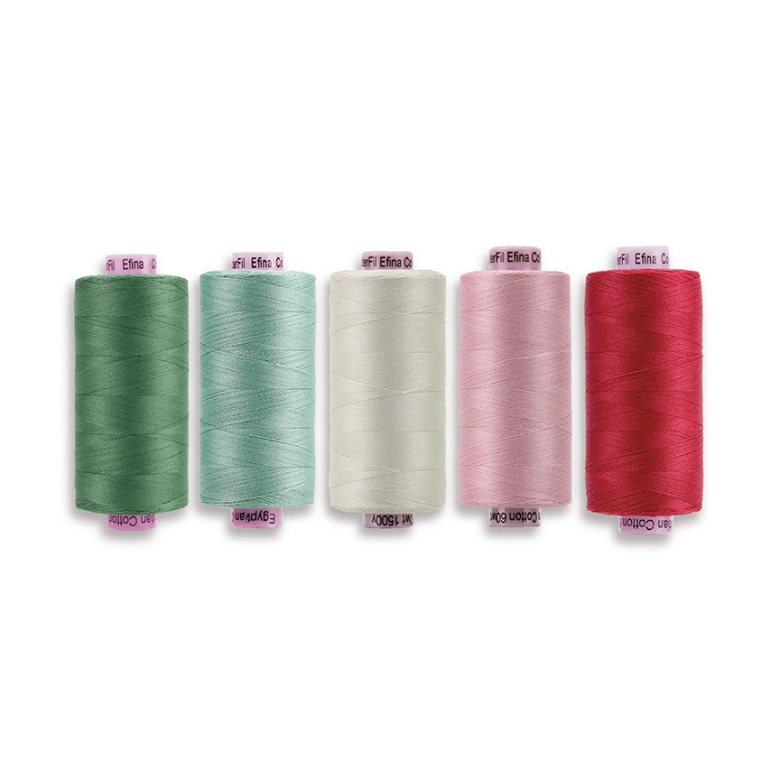 Lori Holt Berry & Sage Thread Pack Thread Pack by Lori of Holt of Bee in my Bonnet five 164-yard spools of 60wt 100% Extra Long Staple Egyptian Cotton thread. Alpine, Leaf, Latte, Riley Coral, and Jazzberry.
