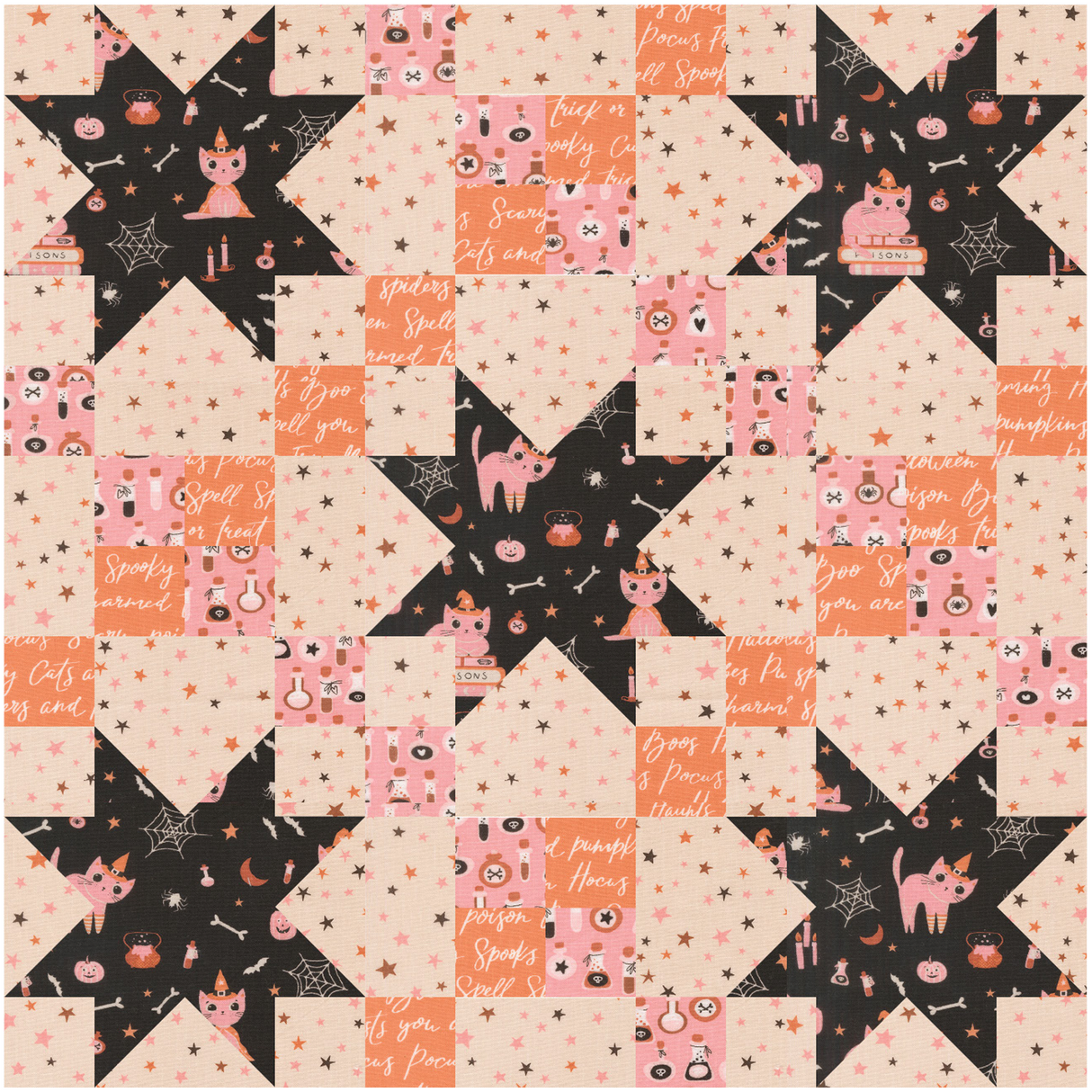 Five Star Pillow Kit featuring Purrs and Boos, includes Pattern and fabric for the pillow front and backing 18" x 18"
