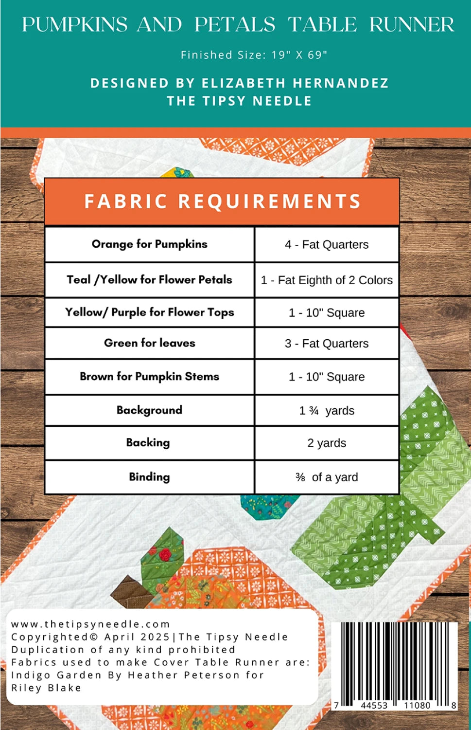 Pumpkins and Petals Table Runner Pattern - Tipsy Needle Quilt Pattern TTN-140 Runner Size is 19" X 69