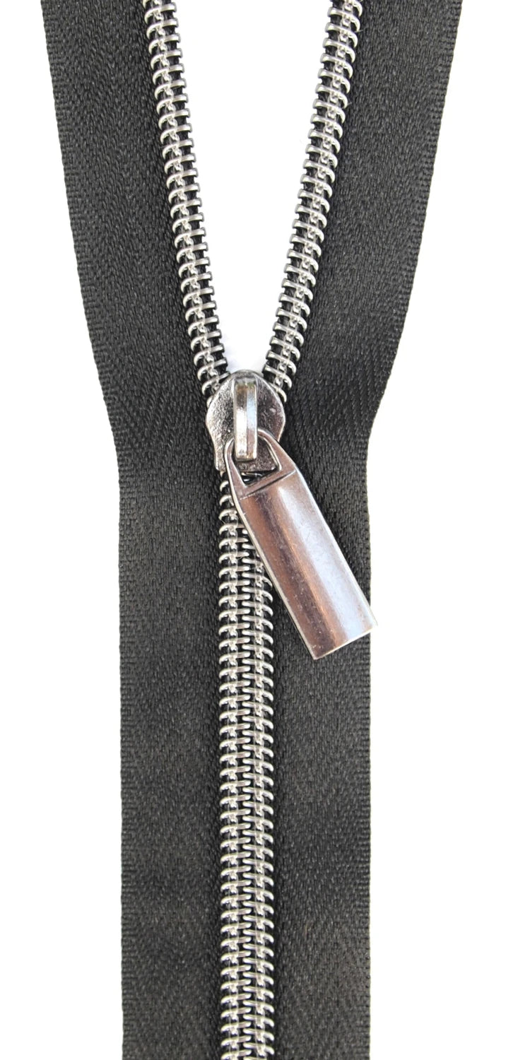 Black #5 Nylon Gunmetal Coil Zippers: 3 Yards with 9 Pulls ZBY5C15