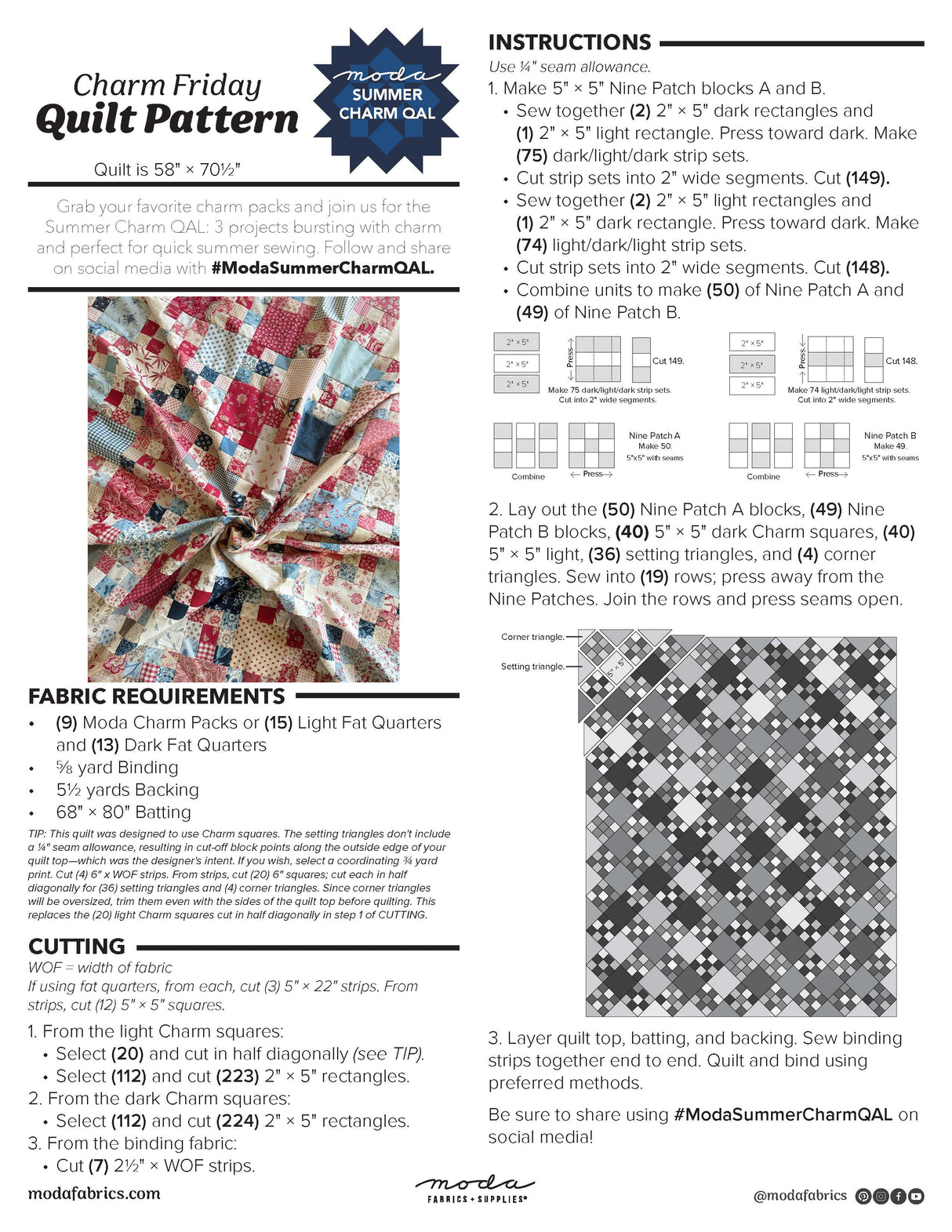 Charm Friday Quilt Pattern Free Download Pattern by Moda Quilt  Final Size is 58" × 70½"