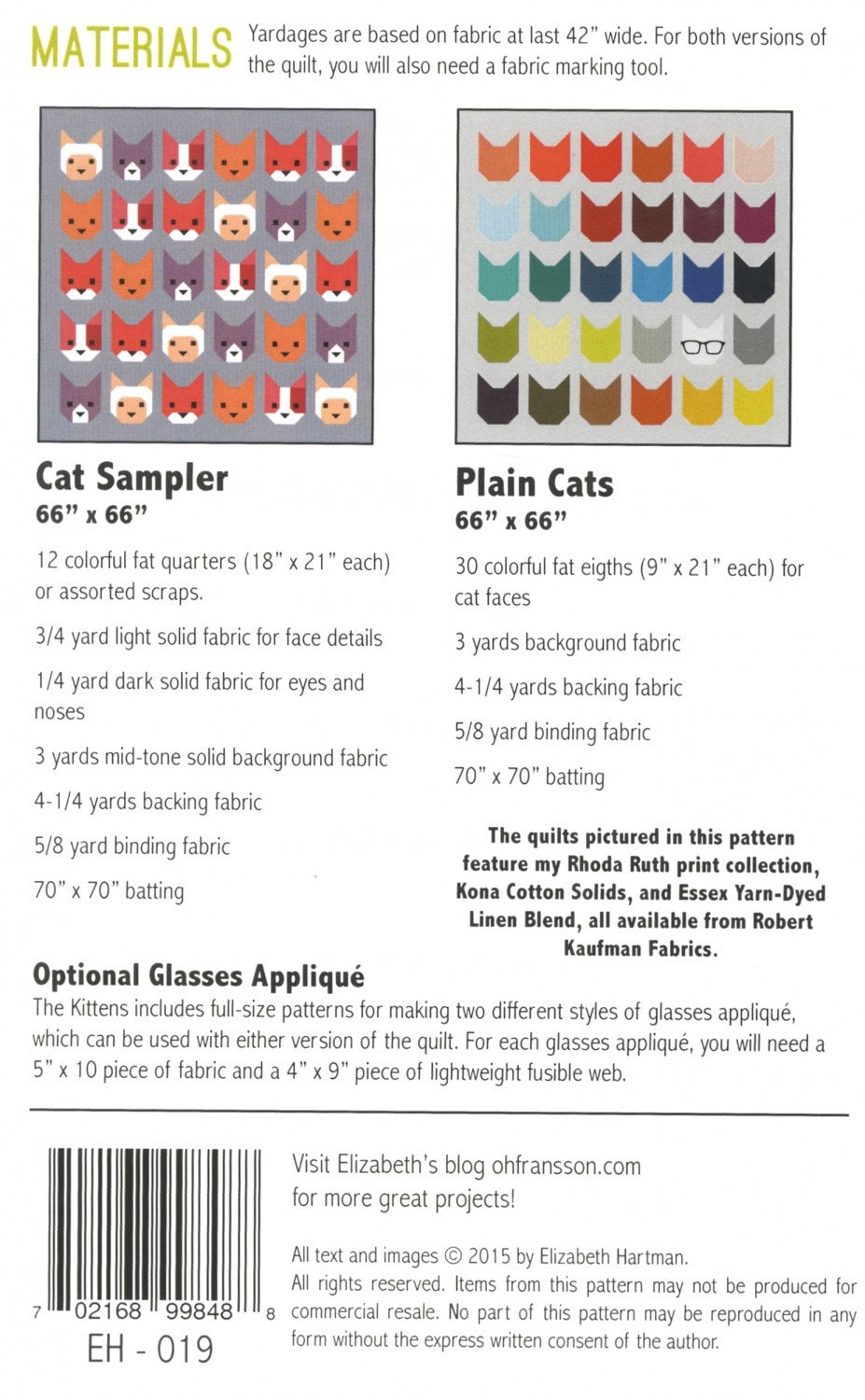 The Kittens Quilt pattern By Elizabeth Hartman Paper Pattern EH019