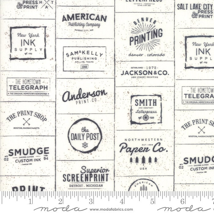 The Print Shop Cream and Black Logos Yardage 5740-23 Sold in 1/2 yard increments cut continuously