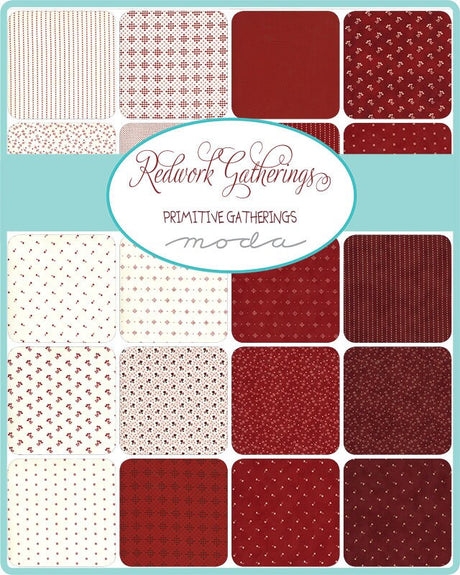 Redwork Gatherings Mini Charm Pack 2.5" 49110mc by Primitive Gatherings for Moda fabrics bin 104