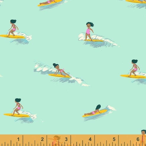 Malibu Heather Ross Tiny Surfers Sea Foam for Windham Fabrics 52146-6 Sold in 1//2 Yard increments