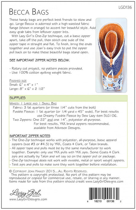 Becca Bag Printed Pattern Only From Lazy Girl Designs By Hawley, Joan One makes 2 different sizes
