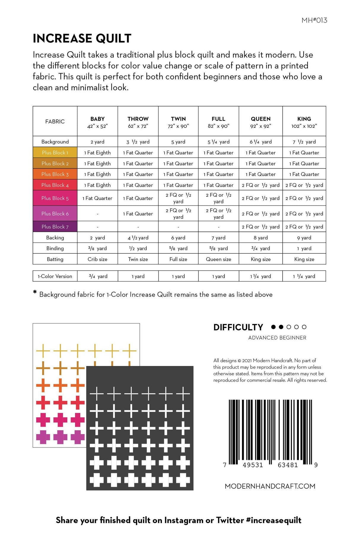 Increase Printed Quilt Pattern MHC013 by Modern Handcraft 6 sizes