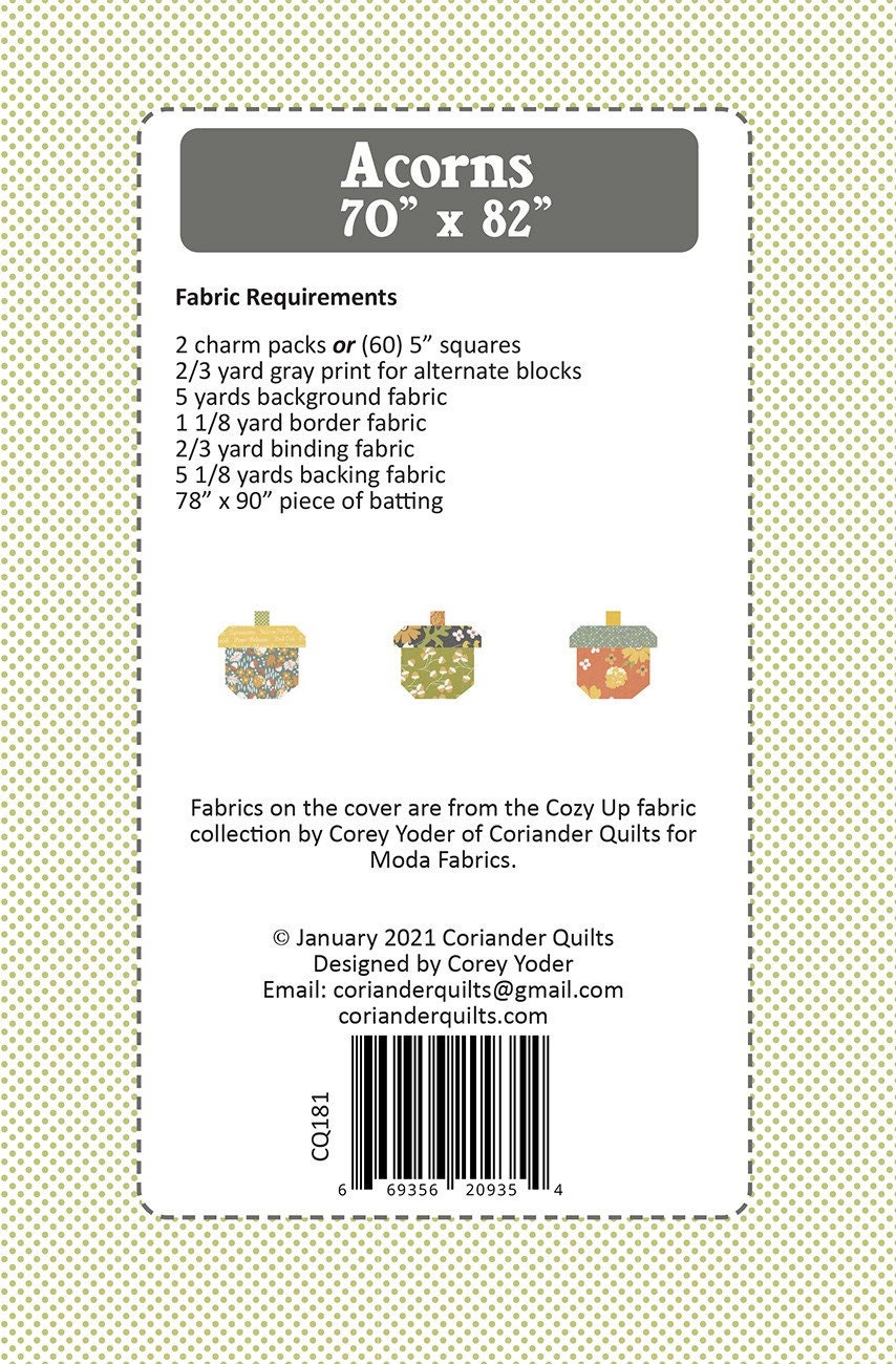 Acorns Quilt Pattern by Coriander Quilts CQ179 70" x 82"