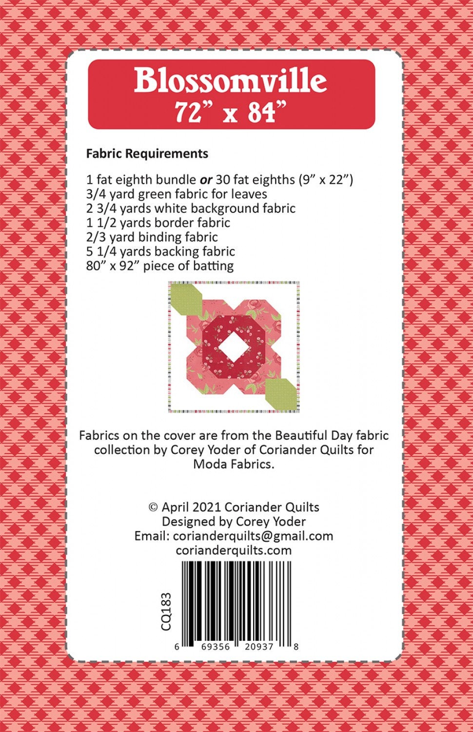 Blossomville Quilt Pattern by Coriander Quilts CQ183p 72" x 84"