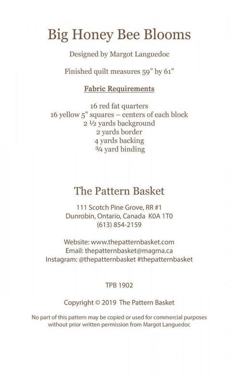 Big Honey Bee Blooms Quilt Pattern TPB1902 by The Pattern Basket, Margot Designs Paper Pattern ONLY