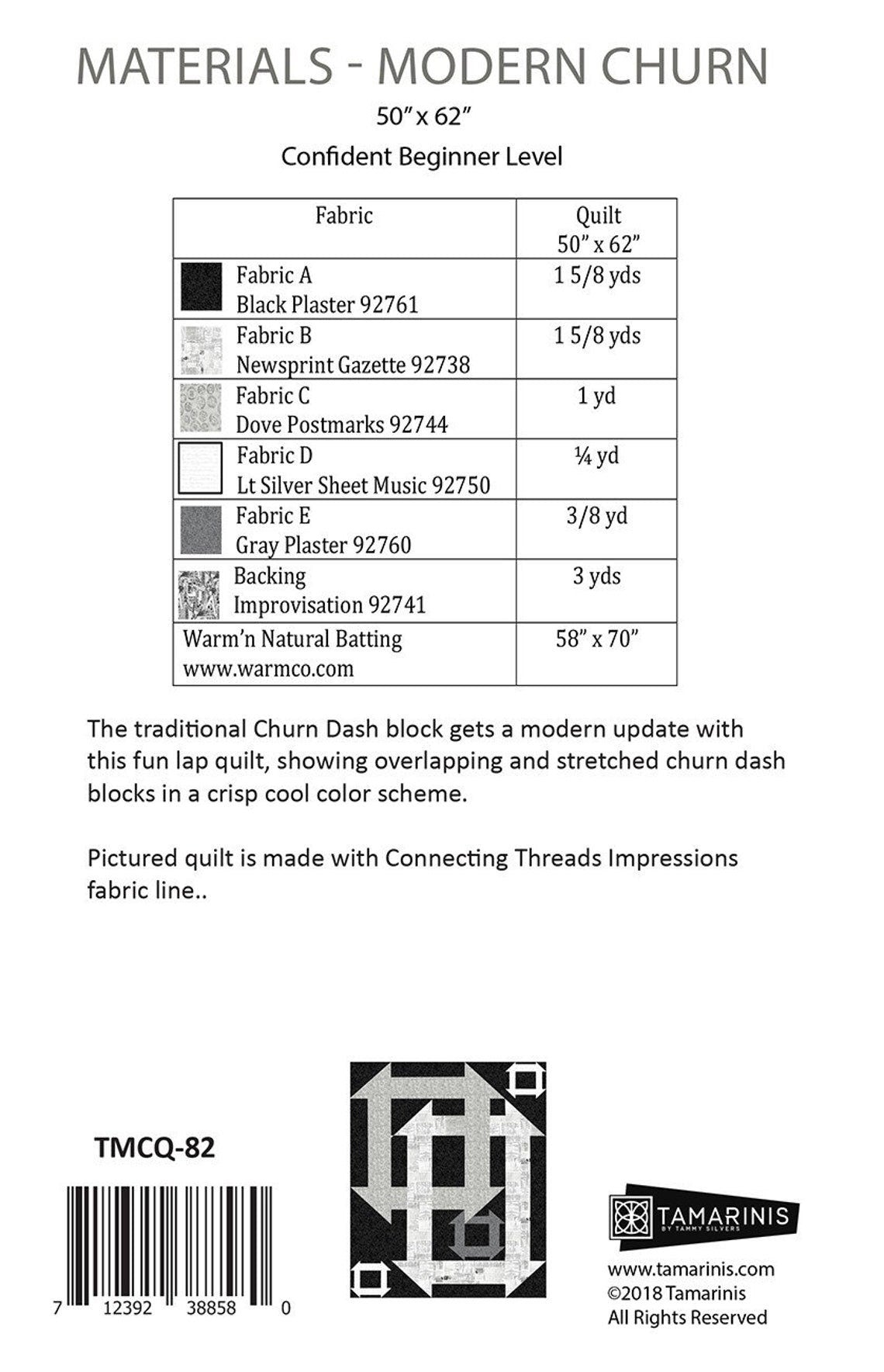 Modern Churn Quilt Pattern by Tamarinis, Finished size 50" x 60"