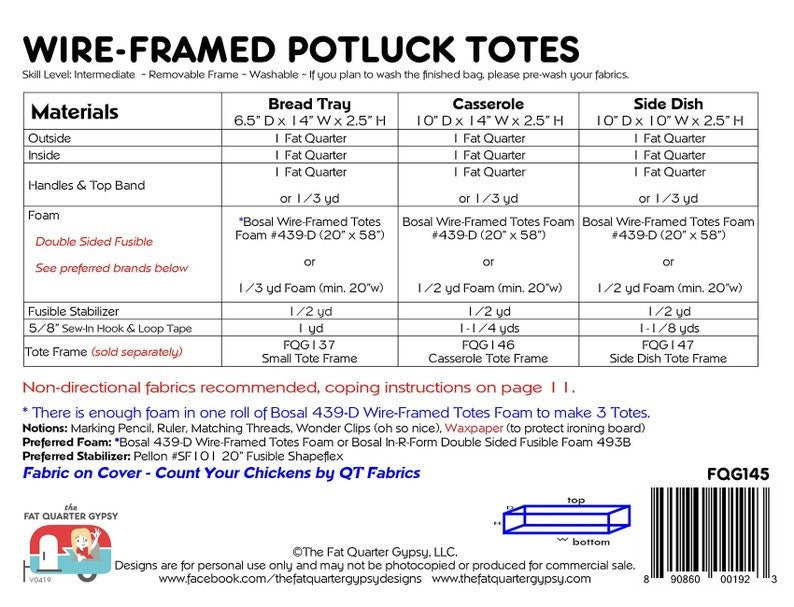 Wire Framed Potluck Tote Pattern # FQG145 from the Fat Quarter Gypsy - Does NOT include wire!