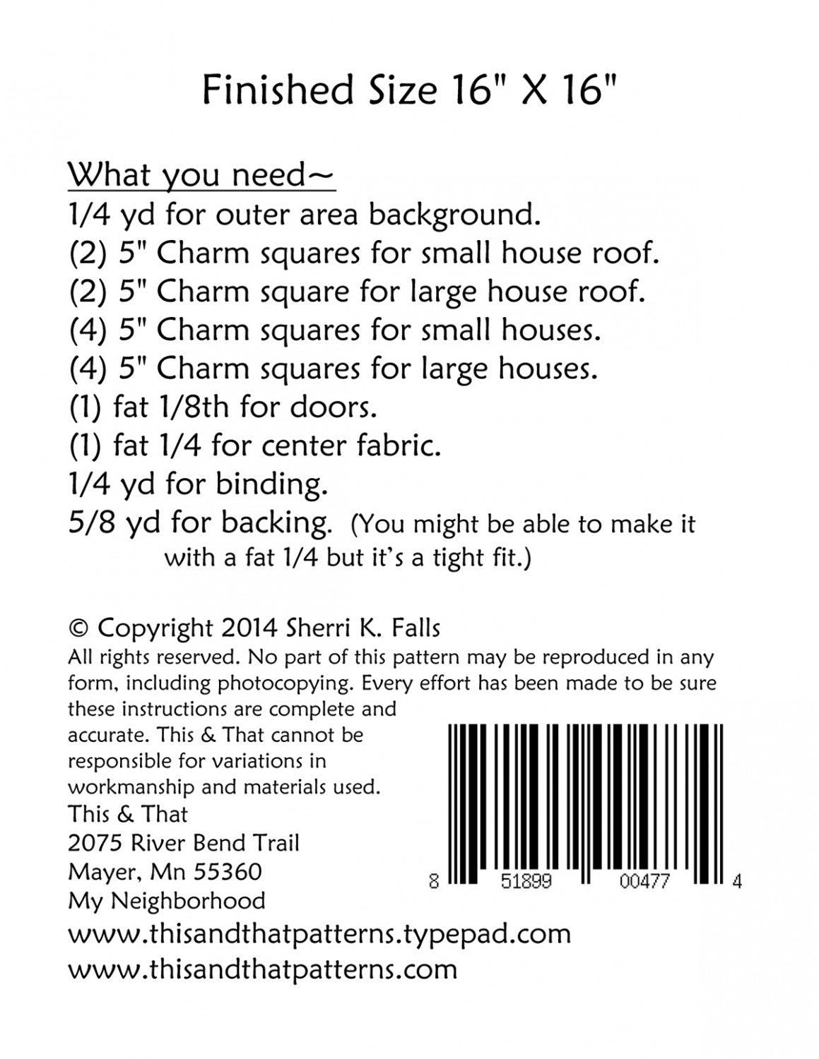 My Neighborhood Pattern TAT286 From This and That by Sherri Falls Bin MP