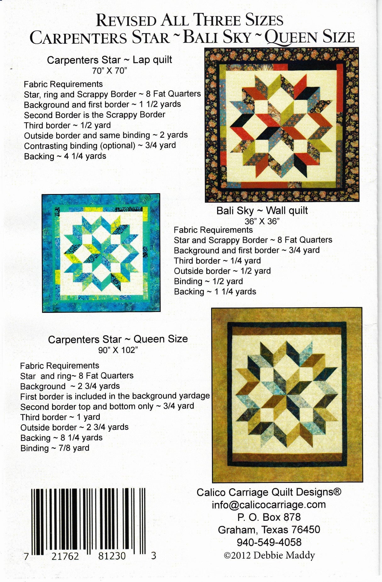 Carpenters Star Bali Sky Quilt Pattern Revised CCQD150 From Calico Carriage By Debbie Maddy