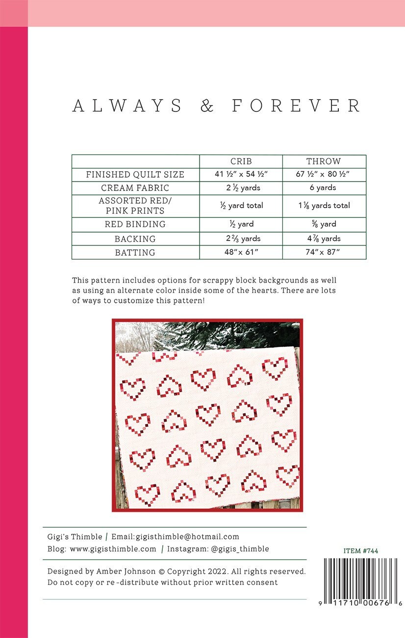 Always & Forever # GGT0744 By Amber Johnson of Gigi's Thimble Printed Pattern Only