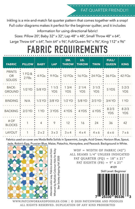 Inkling Quilt Pattern by Patchwork and Poodle, Elaine Bergman Multiple sizes