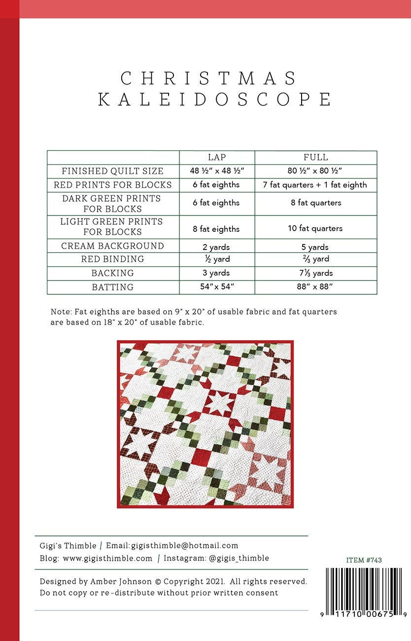 Christmas Kaleidoscope Quilt Pattern # GGT0743 By Amber Johnson of Gigi's Thimble Printed Pattern Only