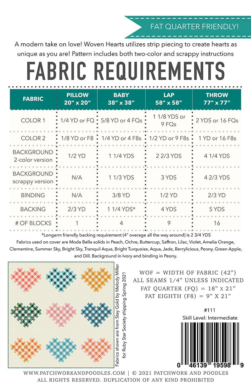 Woven Hearts Quilt Pattern by Patchwork and Poodle, Elaine Bergman Multiple sizes