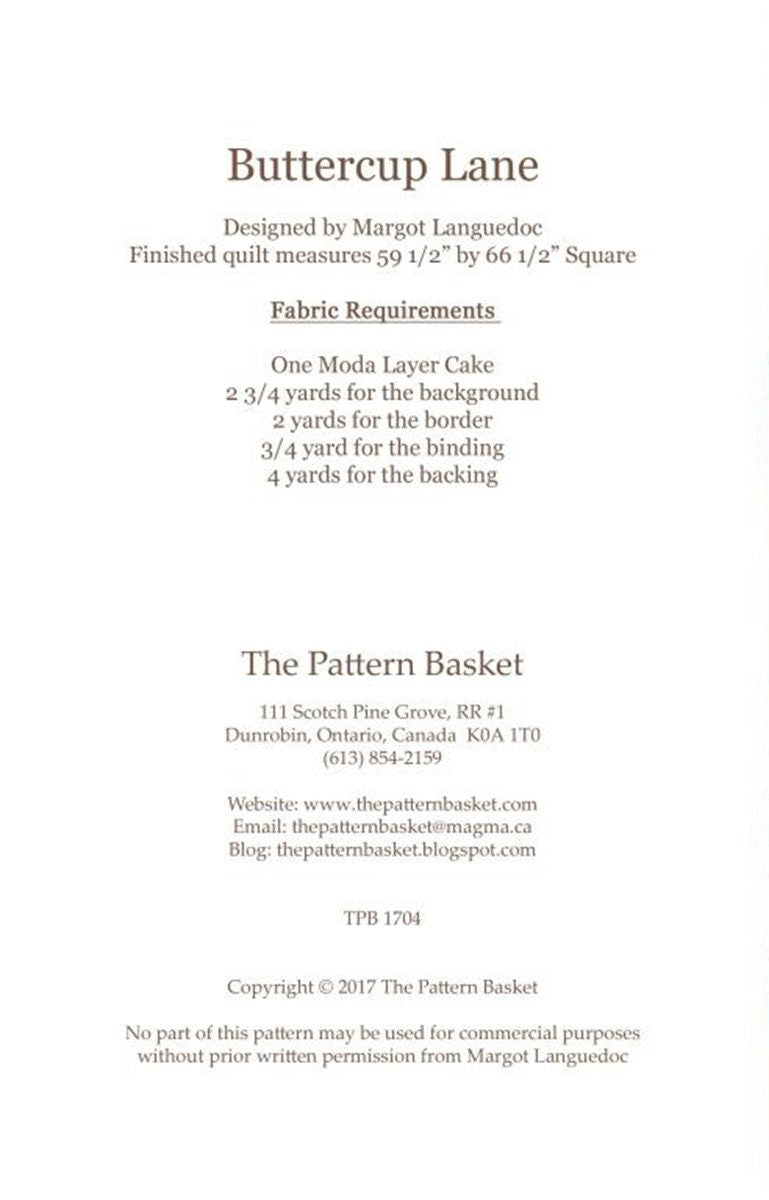 Buttercup Lane pattern By The Pattern Basket, by The Pattern Basket, Margot Designs Paper Pattern 59 x 66