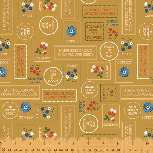 Forget Me Not Stamps Ochre 53009-5 by Allison Harris of Cluck Cluck Sew from Windham's Fabrics sold in 1/2 yard increments
