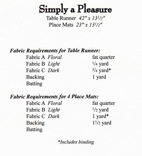 Simply A Pleasure printed sewing pattern for table runner 42in x 13 1/2in and place mats 23in x 13 1/2in by Tiger Lily Press TLP1200