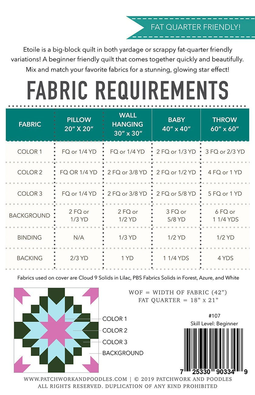Etoile Quilt Pattern by Patchwork and Poodle, Elaine Bergman Multiple sizes
