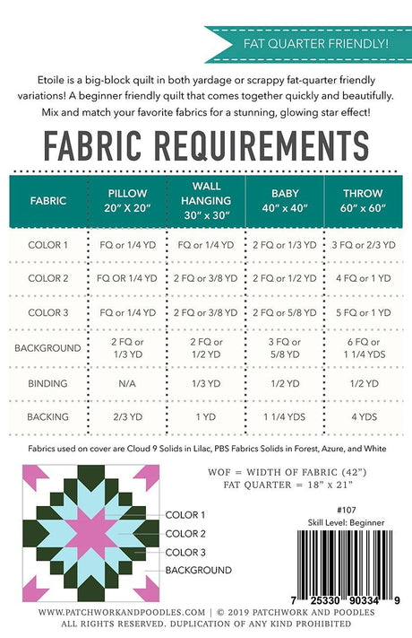 Etoile Quilt Pattern by Patchwork and Poodle, Elaine Bergman Multiple sizes