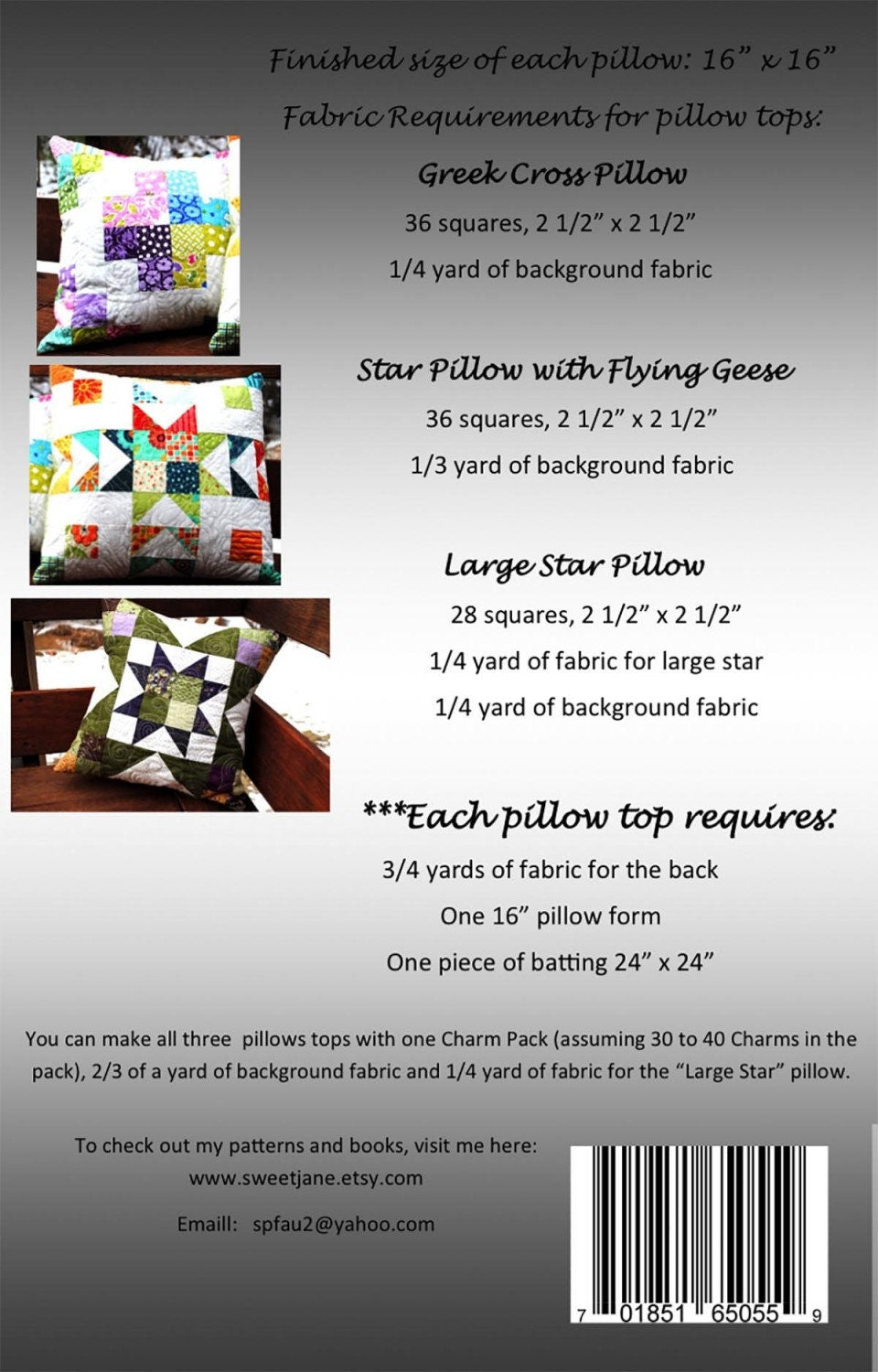 Mini Charm Trio Pillow # SJ074 From Sweet Jane's Quilting & Design By Susan Pfau Pattern Makes 3 different options 16 x 16 inches