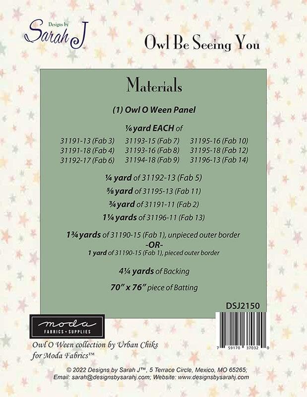 Owl Be Seeing You Printed Quilt Pattern DSJ 2150 by Sarah Jane 62" x 68"