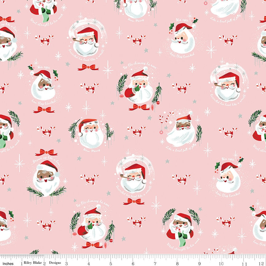 Twas Pink Jolly Old Elf Yardage SC13462-Pink by Jill Howarth Sold in 1/2 yard increments cut contigiously