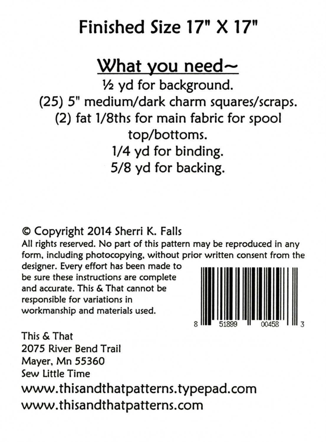 Sew Little Time Mini Quilt Pattern TAT269 by Sherri Falls for This and That