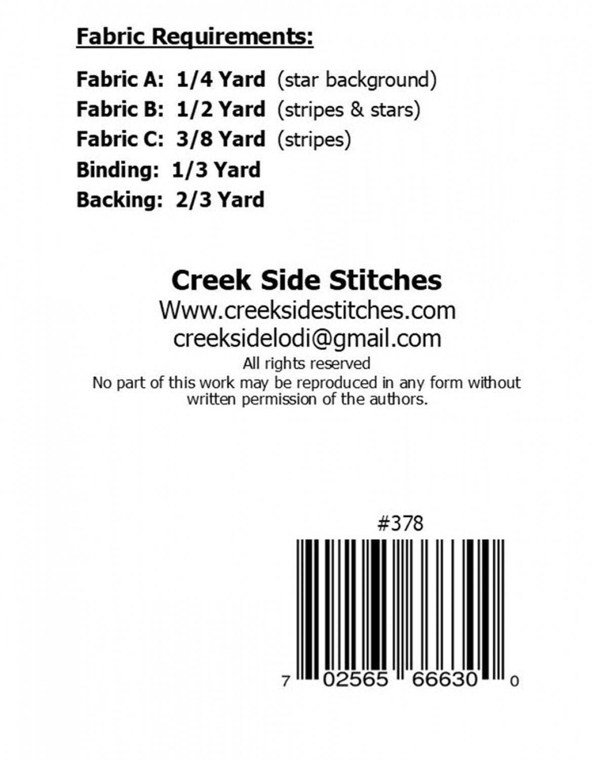 Stars and Stripes Table Runner Printed Pattern only CSS378 by Creek Side Stitches