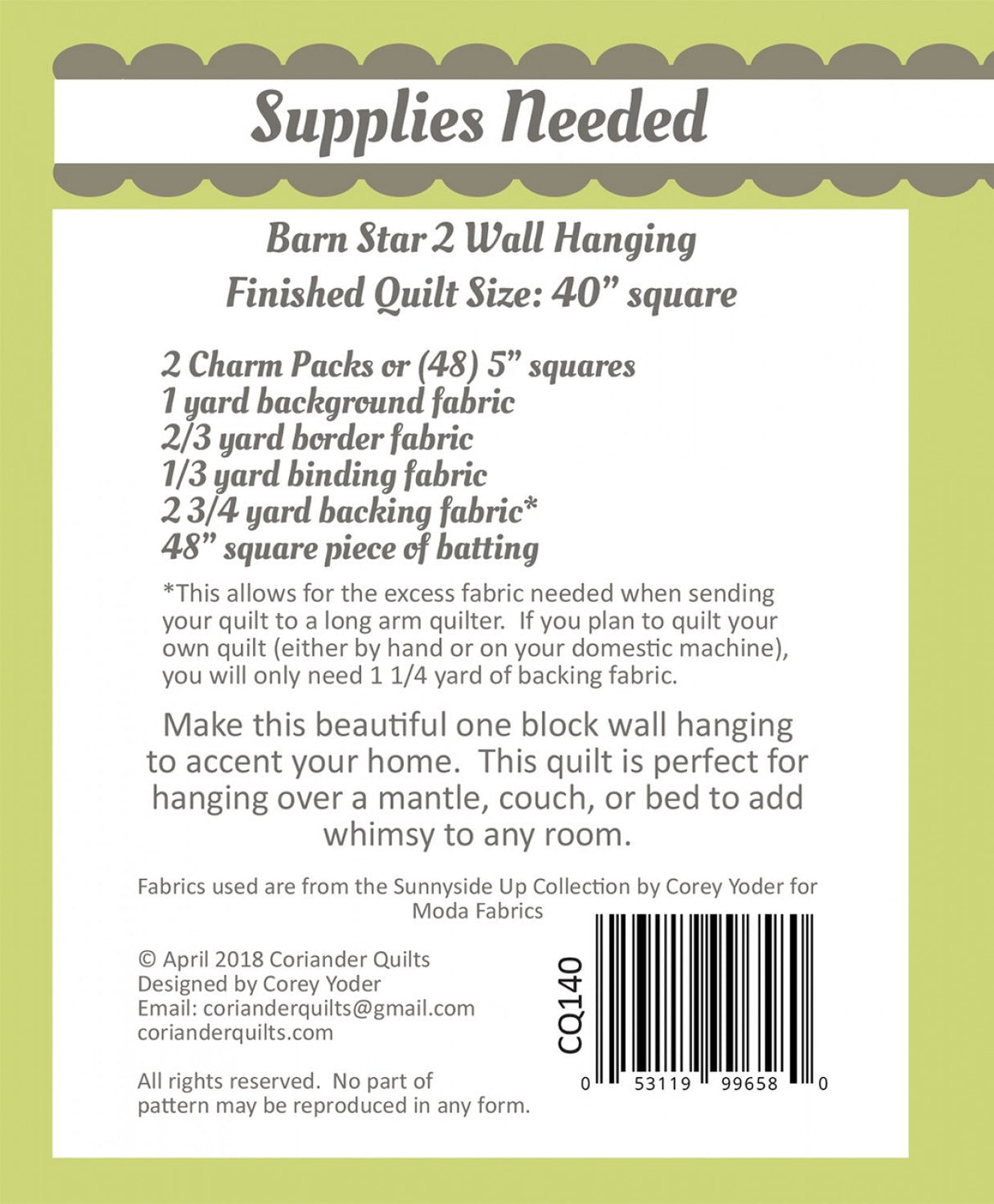 Mini Barn Star 2 Quilt Pattern by Coriander Quilts CQ140 Bin MP