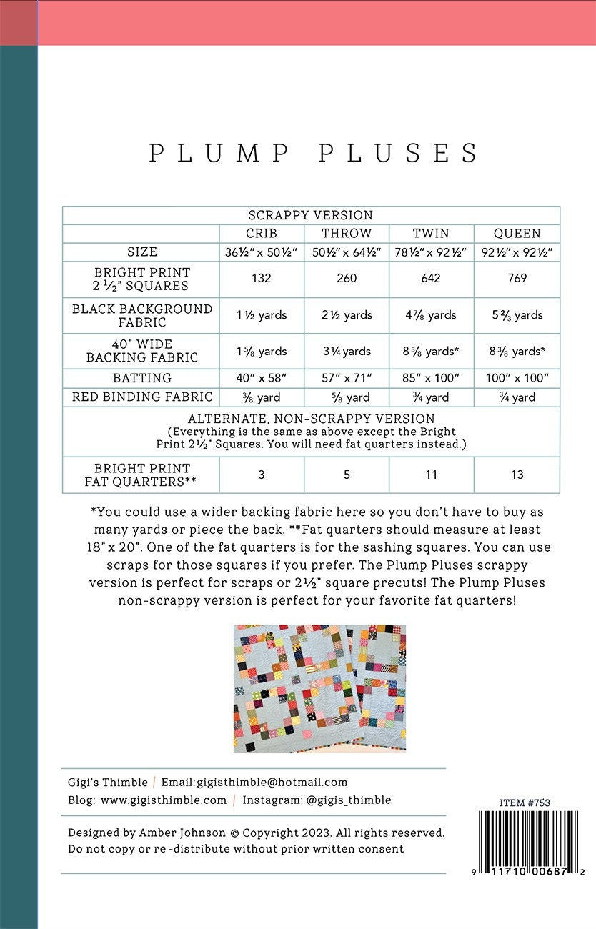 Plump Pluses Quilt Pattern GGT0753 - 4 Sizes by Gigi's Thimble