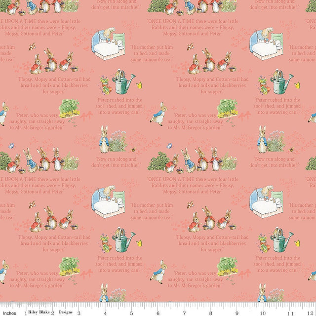 The Tale of Peter Rabbit Coral Text C14701-Coral Fabrics Sold in 1/2 Yard Increments