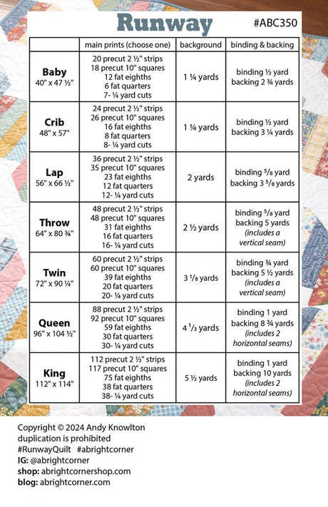 Runway Quilt Pattern AKBC350 Printed Pattern Only by A Bright Corner Quilts - Baby, Crib, Lap, Throw, Twin, Queen and King - 7 Quilt Sizes