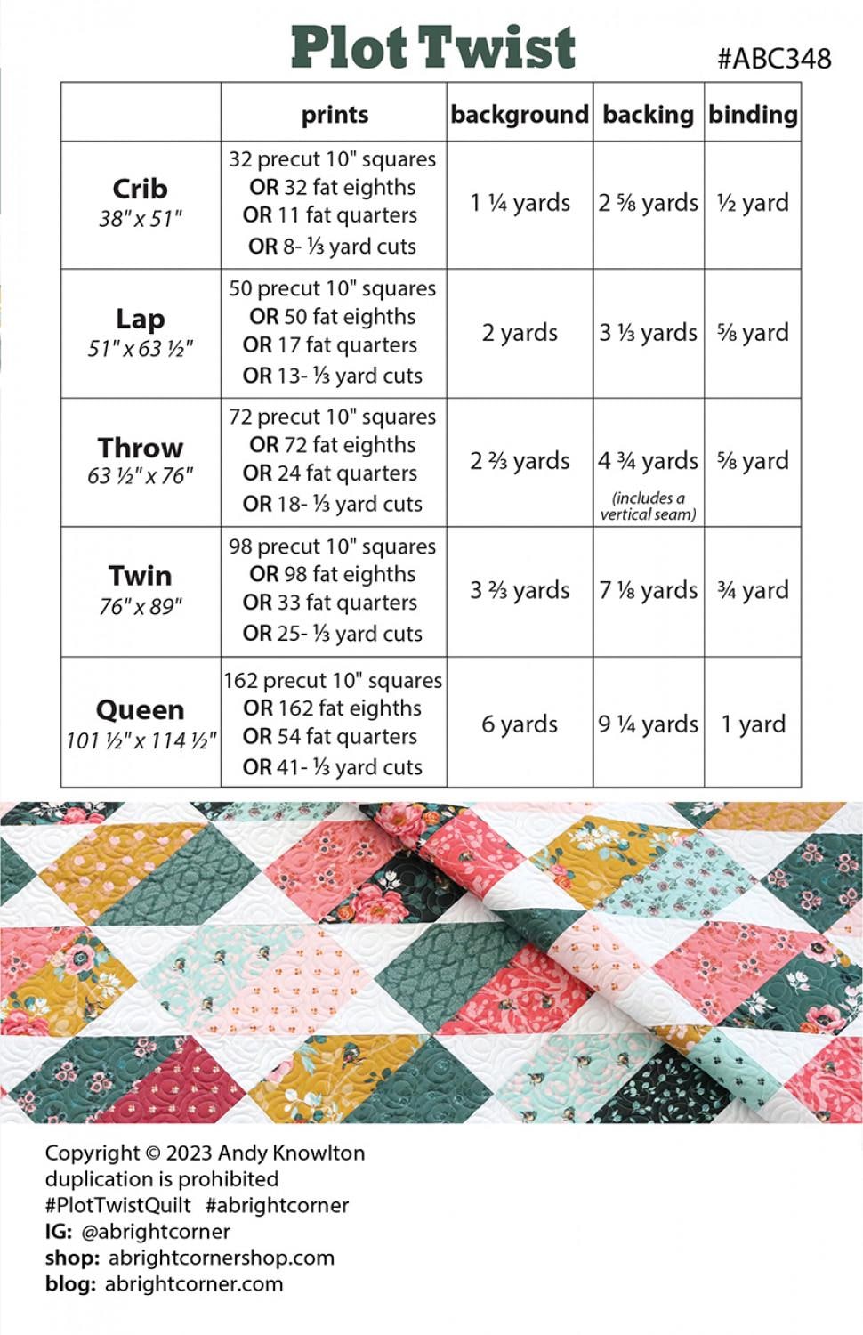 Plot Twist Quilt Pattern AKBC349 Printed Pattern Only by A Bright Corner Quilts, Crib, Lap and Throw, Twin and Queen Quilt Sizes