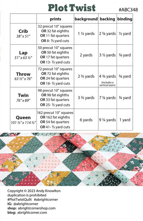 Plot Twist Quilt Pattern AKBC349 Printed Pattern Only by A Bright Corner Quilts, Crib, Lap and Throw, Twin and Queen Quilt Sizes