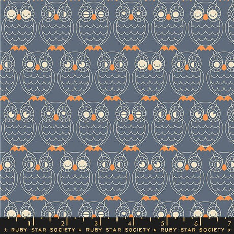 a blue and orange owl pattern on a gray background