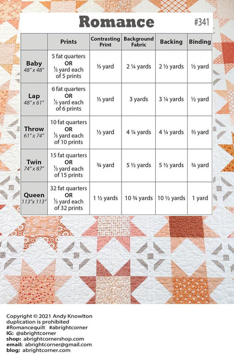Romance Quilt Pattern AKBC341 Printed Pattern Only by A Bright Corner Quilts, Baby, Lap, Throw, Twin and Queen
