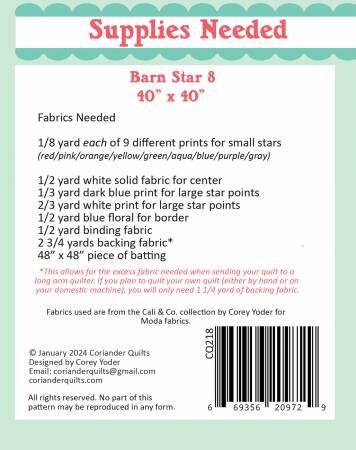Barn Star 8 Quilt Pattern by Corey Yoder of Coriander Quilts CQP218 Bin MP