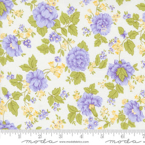 a white background with purple flowers and green leaves