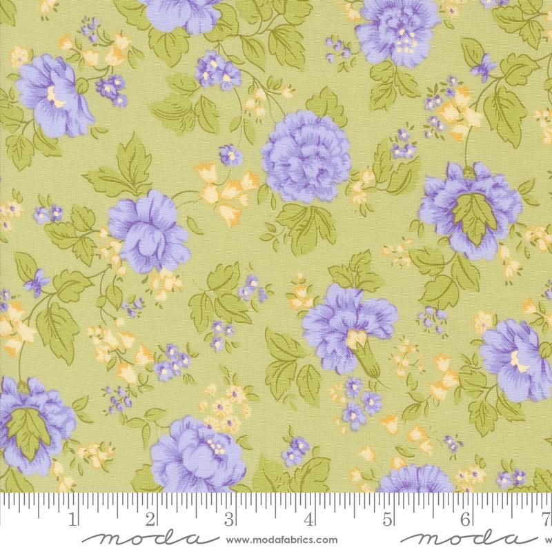 a green background with purple and yellow flowers