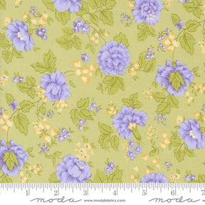 a green background with purple and yellow flowers