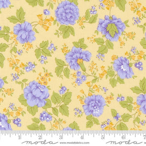 a yellow background with blue flowers and green leaves