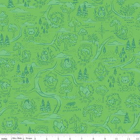 a green background with trees and animals