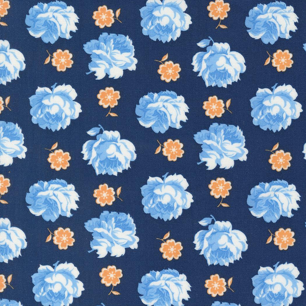 a blue and orange flowered pattern on a blue background