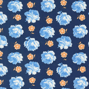 a blue and orange flowered pattern on a blue background