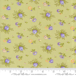 a green background with blue and yellow flowers